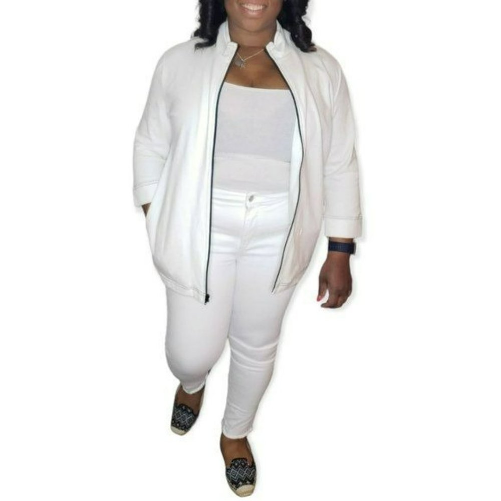Additions By Chico's White Floral Abstract Long Sleeve Zip Lightweight Jacket 3